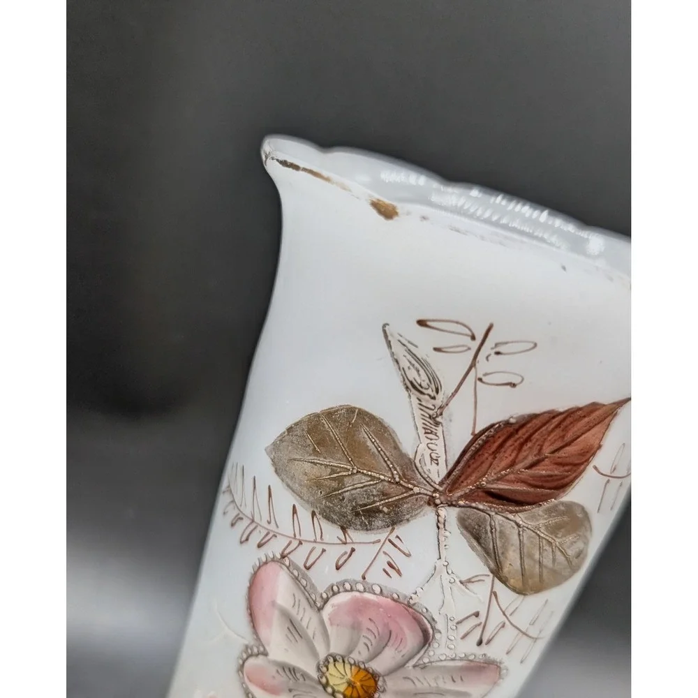 Antique Bristol Glass Vase Hand Painted Floral Frosted Scalloped Rim Peach White